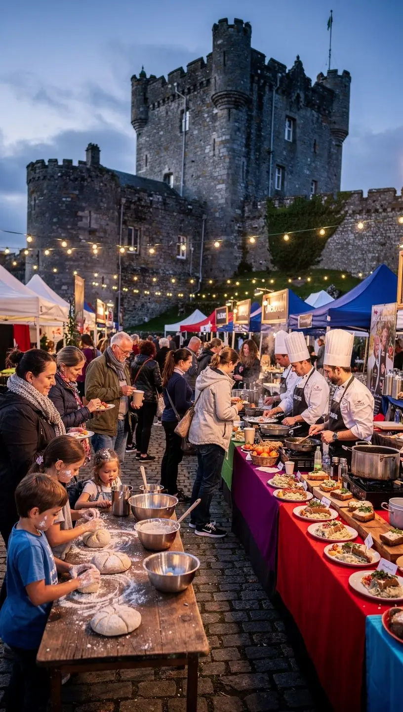 Colorful food stalls filled with artisanal cheeses and handcrafted goods.